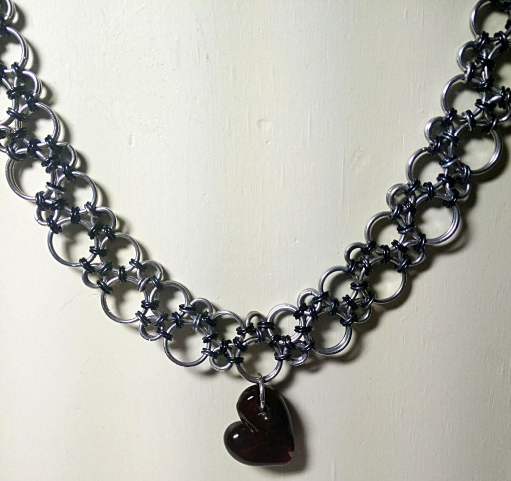 Gothic Choker -- black and silver chainmaille with blood red glass heart
